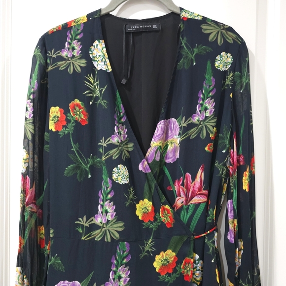 ZARA Black With Colorful Florals True Wrap Dress, Lightweight, Size Medium - Picture 3 of 16